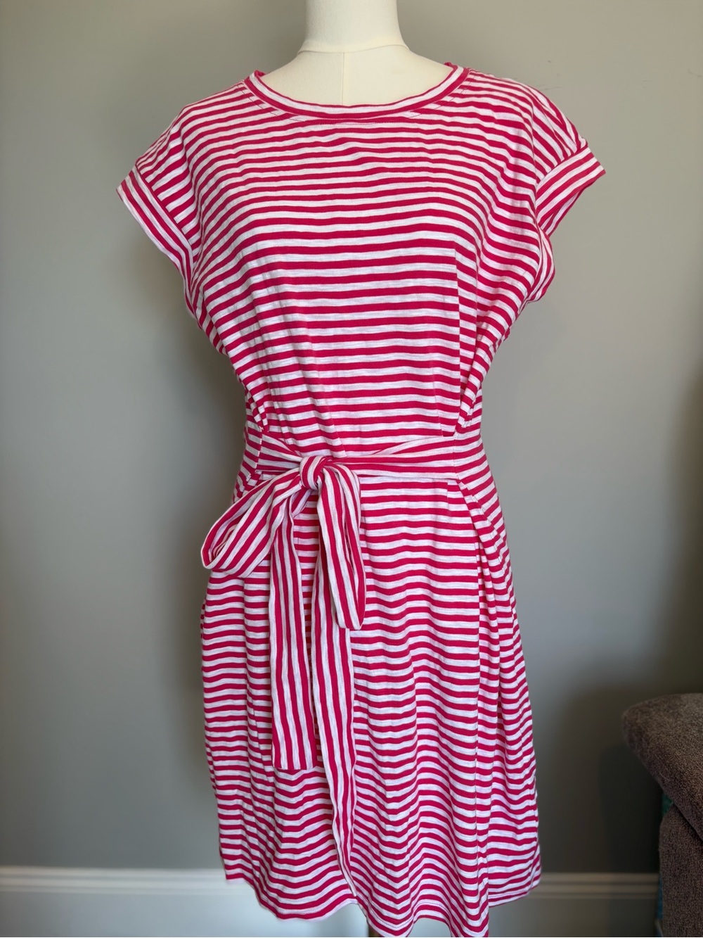J.Crew Factory Pink White Striped Cotton Tie Waist Dress Size XL NWT